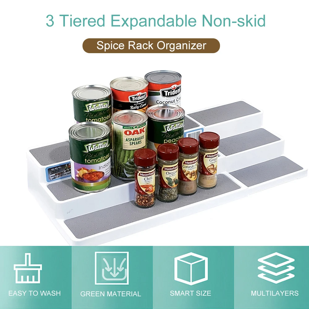 3 Tiered Expandable Spice Rack Organizer Non-skid Spice Organizer Storage for Kitchen Refrigerator Kitchen Accessories