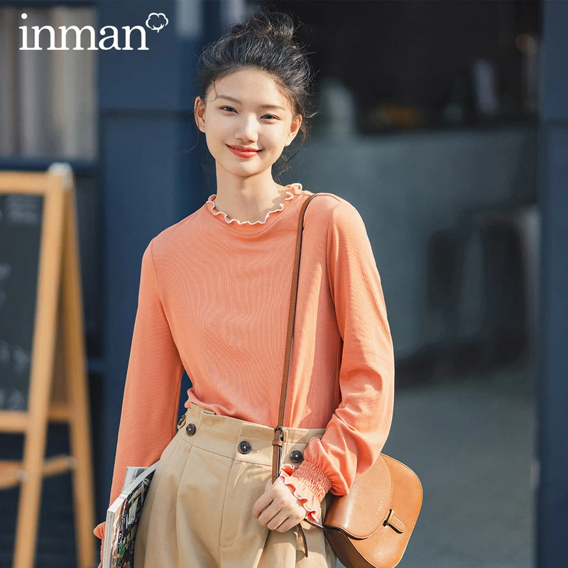 

INMAN 2020 Spring New Arrival Literary Solid Color Round Collar Elastic Material Women Comfortable T-shirt