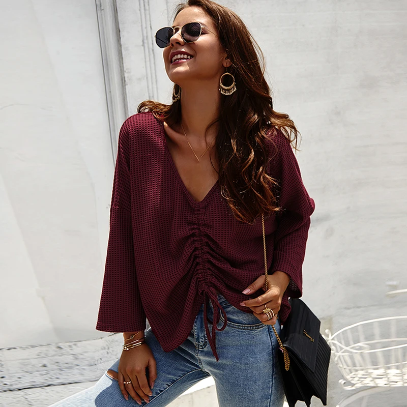 

Womens Tops and Blouses Shirring Drawstring Tied Bandage V Neck Dropped Shoulders Long Sleeve Shirts Oversized tunics Streetwear