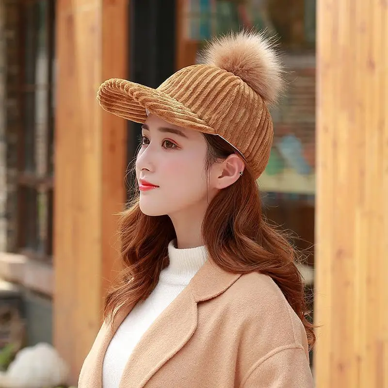 COKK зимние шапки для женщин бейсбольная кепка с меховым помпоном однотонная полоса модная женская шляпа Женская Gorras Snapback Регулируемая теплая - Цвет: Camel