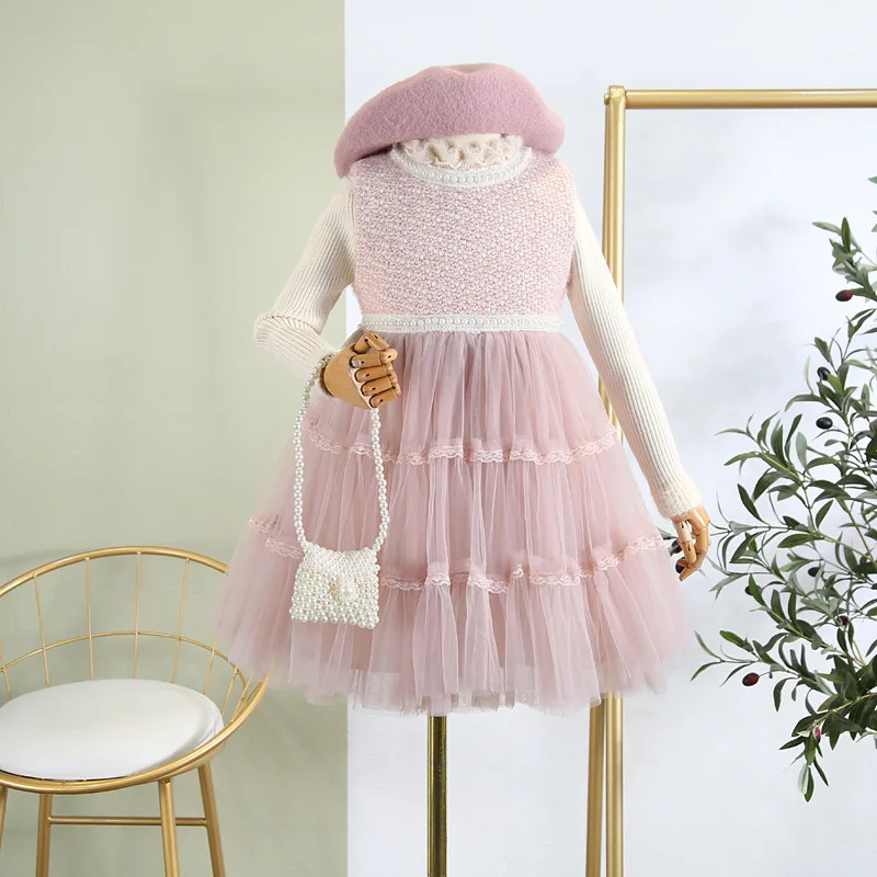 

Children's wear 2019 autumn and winter new children's vest dress fashion girls pearl small fragrance wind mesh only vest dress