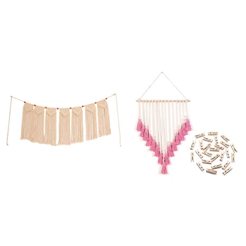 

New-1Pcs Macrame Woven Wall Hanging Fringe Garland Wall Tapestry & 1Pcs Macrame Wall Hanging Tapestry with Wooden Sticks