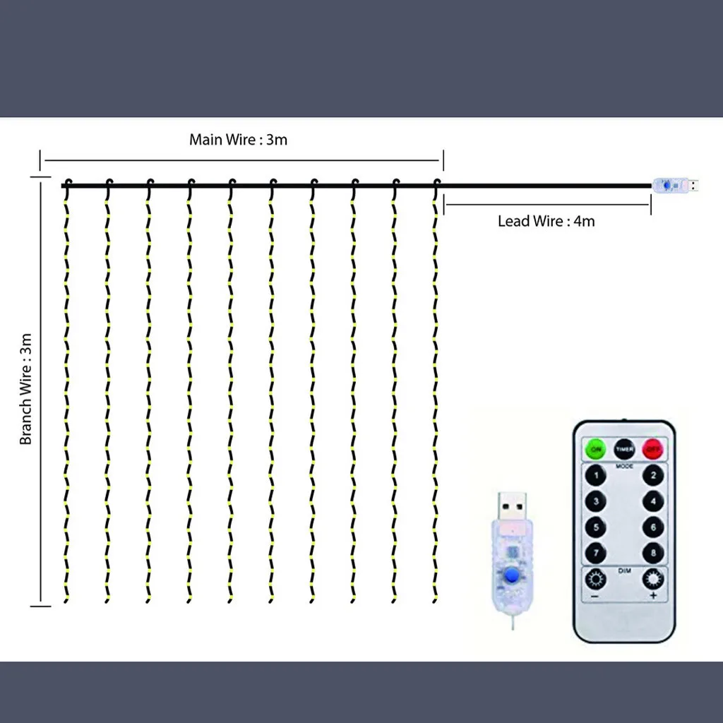 8 Modes USB Powered Fairy Curtain Garland Light Christmas Decorative LED String Xmas Party Garden Wedding Water-Fall Lights