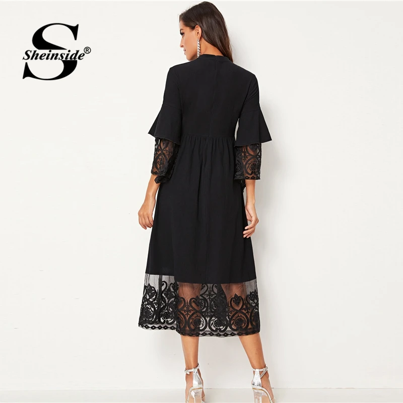 Sheinside, элегантное, Вышитое, Сетчатое, плиссированное платье, для женщин,, осень, рукав 3/4, миди, платья, для девушек, многослойное, с рукавами-воланами, платье
