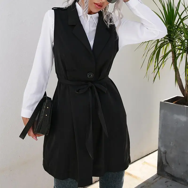 Women 2021 Vintage Fashion Coat Waistcoat Single Breasted With Belt Pockets Female Outerwear Chic Vest rab coat womens