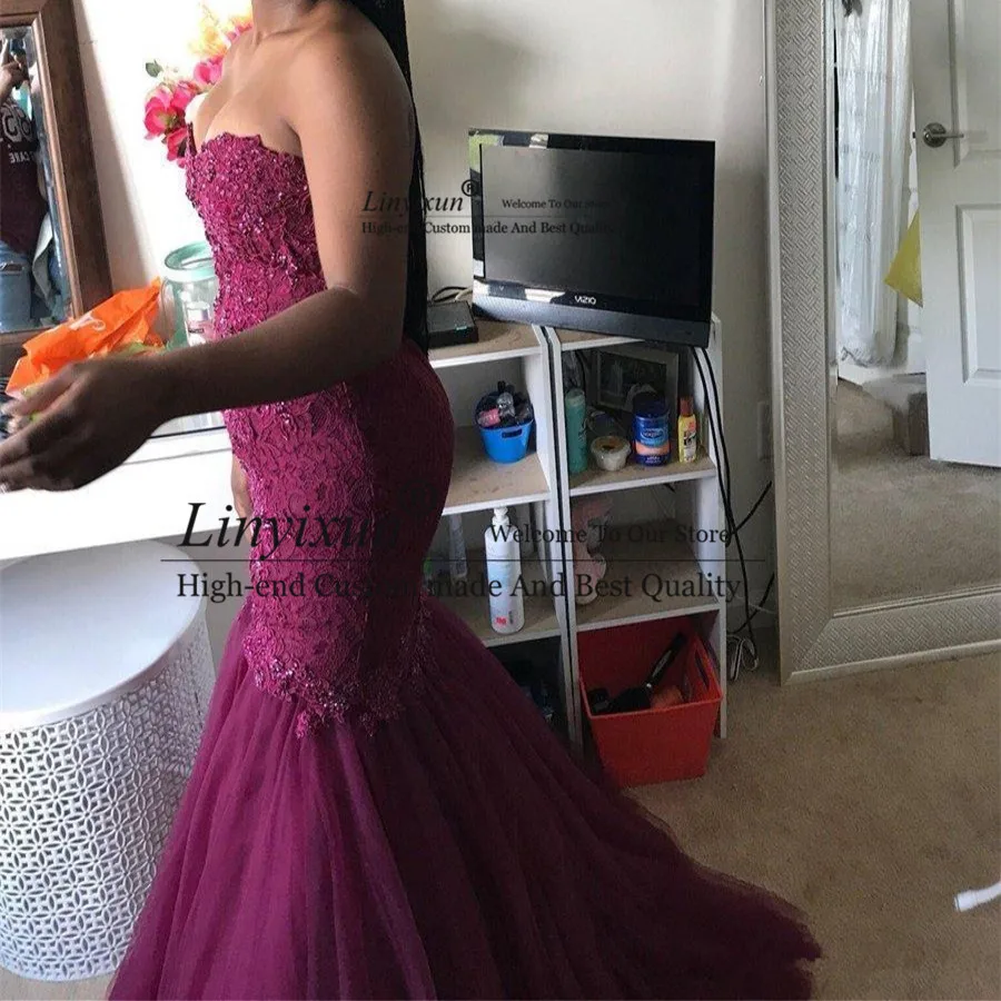 2020 Burgundy Mermaid Sweetheart African Prom Dresses Beads Lace Applique Backless Sweep Train Strapless Plus Evening prom dress black prom dress