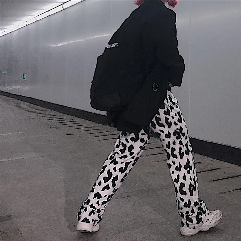 Deeptown Cow Print Wide Leg Pants for Women Korean Style Oversized Women Fashion Pants Harajuku Autumn 2020 Plus Size Trousers