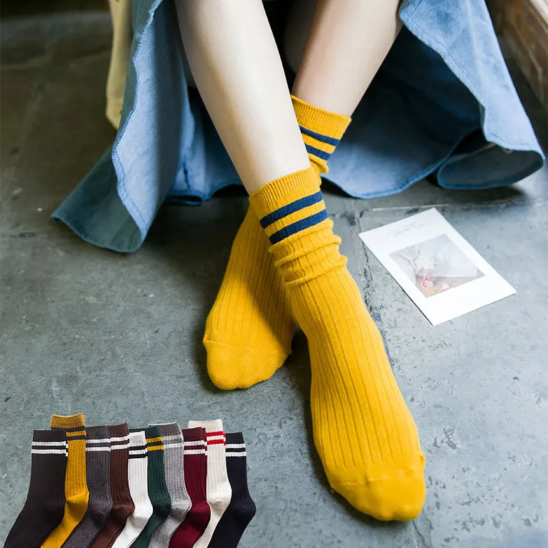 5 пар, осенне-зимние хлопковые дышащие впитывающие пот дезодорирующие полосатые носки, женские носки в повседневном стиле для колледжа, BDW002