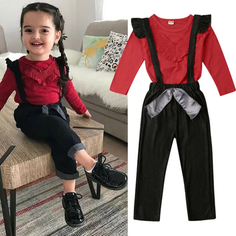 2Pcs Set Clothes Baby Spring Autumn Clothing 2PCS Kids Boy Girls Long Sleeve Red T-shirt tops +Overall Black Pants Outfits | Детская