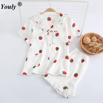 

White Sexy Strawberry Cotton Yarn Shorts Pajamas Sets Women Summer Fruits Nightwear Short Sleeve Texture Pijamas Pyjamas Female