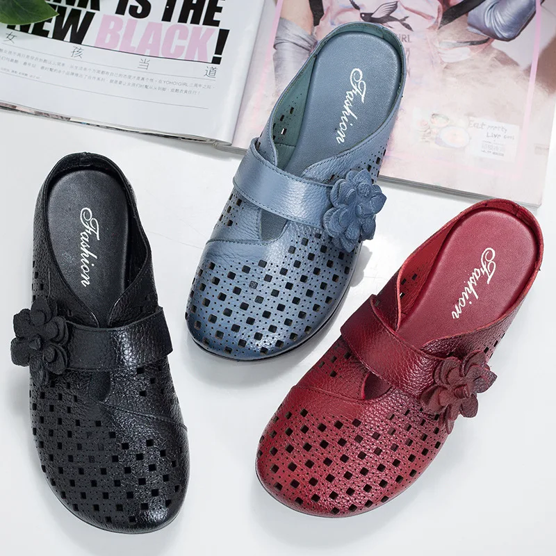 

513-Summer Fashion Jelly End Full-grain Leather Closed-toe Porous Model Flat Heel Women's Genuine Leather Sandals Soft Bottom