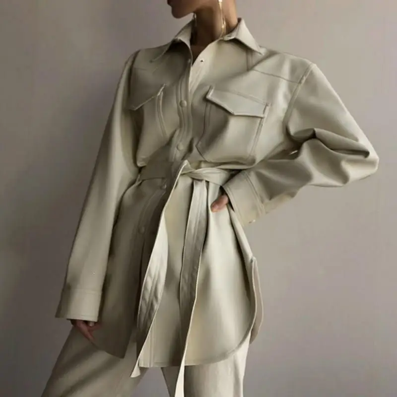 Женское весенне-осеннее повседневное длинное пальто из искусственной кожи с