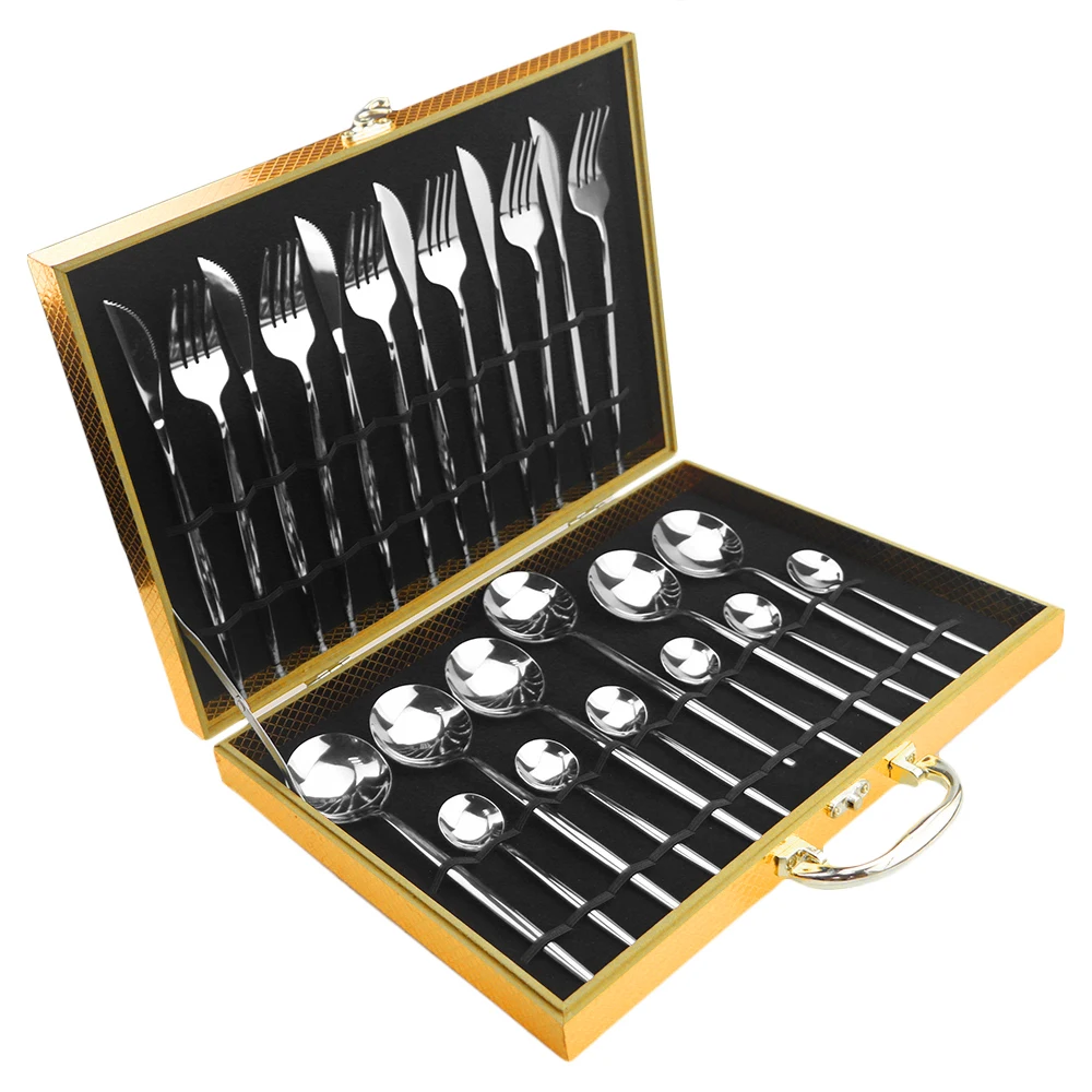 

24pcs Shiny Silver Cutlery Set Fork Knife Spoon Dinnerware Set 304 Stainless Steel Flatware Set Kitchen Tableware With Gift Box