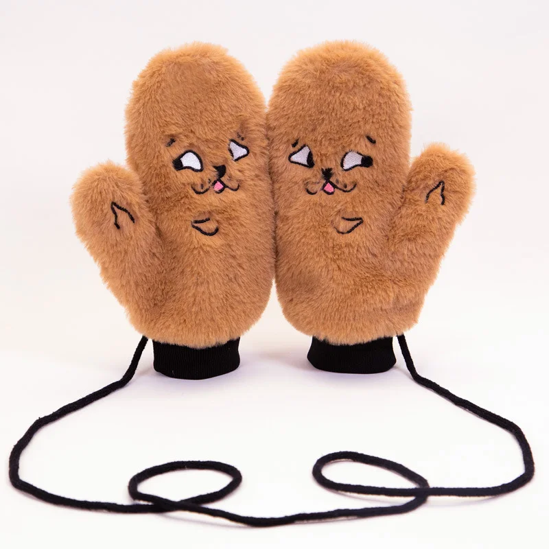 

Women Cute Cartoon Cat Full Finger Halter Mitten Winter Female Plus Plush Thick Cashmere Wool Knit Warm Leopard Print Glove C43