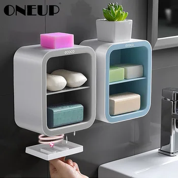 

ONEUP Double Soap Holder With Drain Box Portable Soap Dishes For A Bathroom Wall Mounted Storage Rack Home Bathroom Accessories