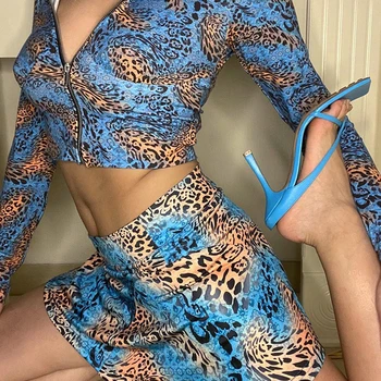 

E Girl Leopard Print Two Piece Set Women Zipped Long Sleeve Crop Tops Y2k Aesthetic With Mini Skirts Party Outfits Streetwear