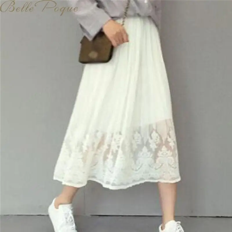 Belle poque, уличная одежда, миди, кружевная юбка, для женщин, тюль, высокая талия, рубашки, повседневные, школьные юбки для женщин, лето
