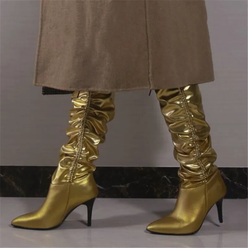 Buy Fold wrinkled Knee High Boots Women Sexy Point Toe Thin High Heel slip on Long Boots T show Gold Silver booties feminina
