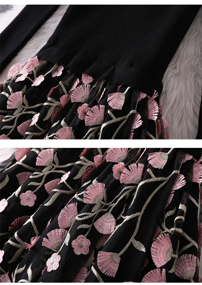 Осенне-зимнее женское платье элегантный женский вязаный свитер лоскутное Цветочная вышивка до середины голени Тюлевое вечернее платье Vestido