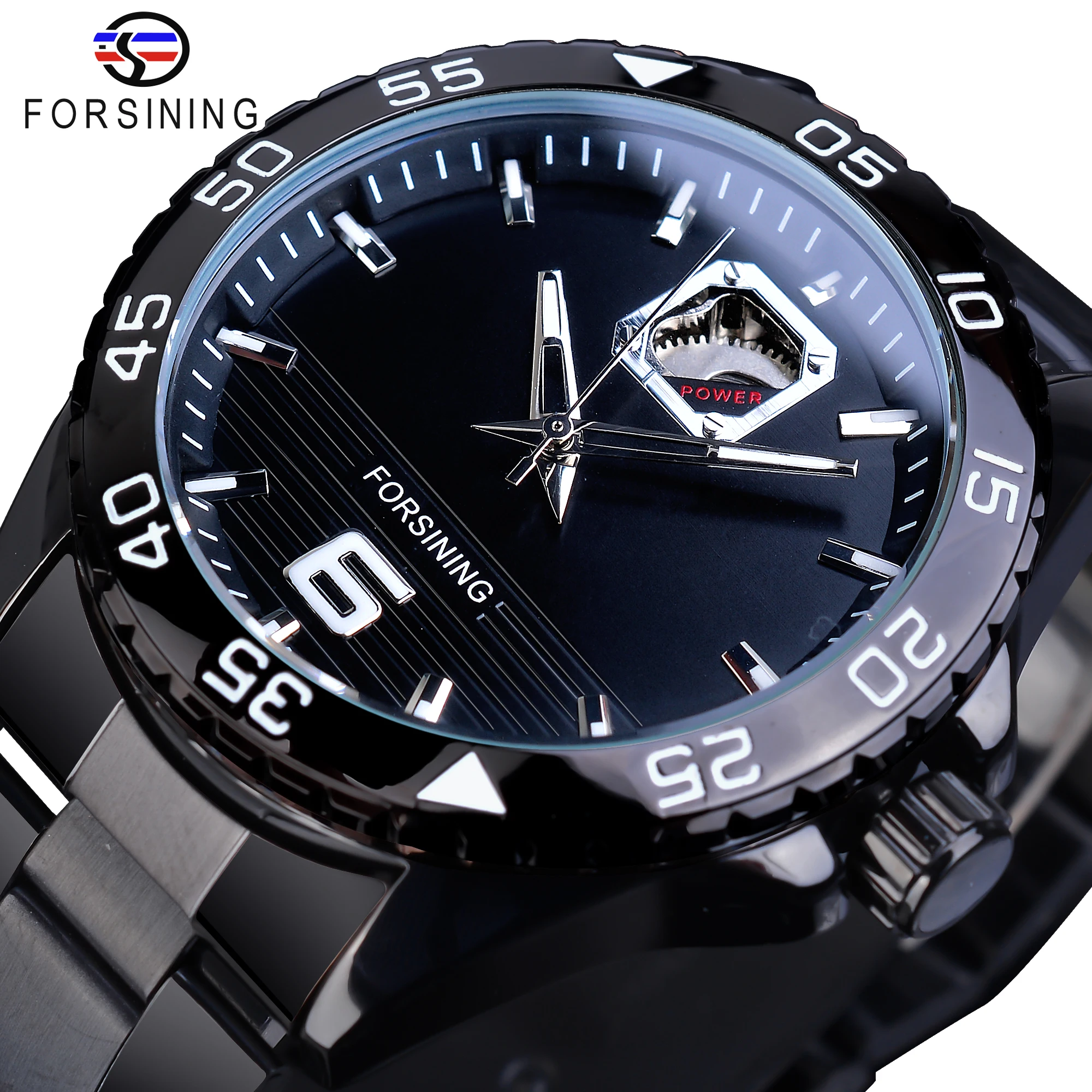 Forsining Half Skeleton Black Stainless Steel Men Automatic Mechanical Wrist Watch Transparent Male Clock Relogio Timepiece Hour