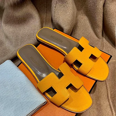 

BELLECOM 2019 Summer New Women's Flat Bottom Outside Slippers Fashion H-Leather Baitao Slippers