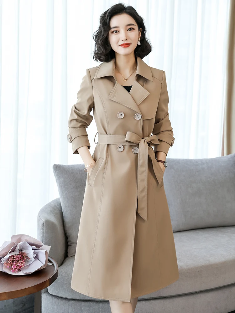 Spring and Autumn New Windbreaker Female Long Section Double Breasted Over The Knee Women's Loose Belt Khaki Jacket