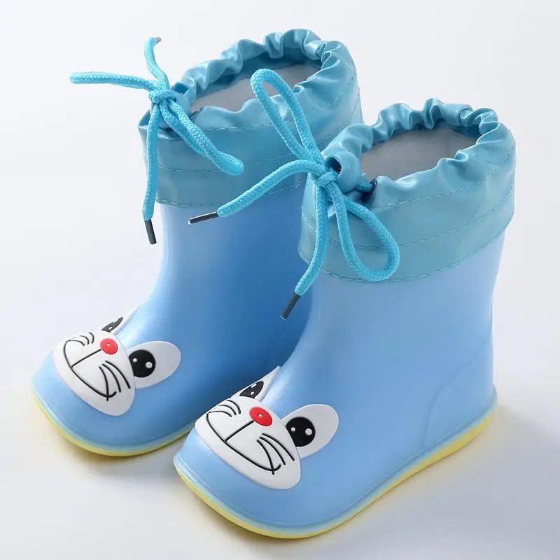 Горячие новые детские резиновые сапоги для мальчиков резиновые сапоги для девочек водонепроницаемые сапоги ПВХ теплая обувь для воды Детские Мультяшные сапоги - Цвет: Blue cotton