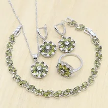 Оливково-зеленый Цирконий 925 стерлингового серебра Ювелирные наборы для женщин браслет серьги подвеска ожерелье кольца подарок для свадьбы дня рождения