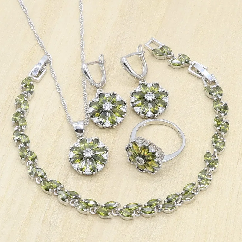 Olive-Green-Zirconia-Silver-Color-Jewelry-Sets-for-Women-Bracelet-Earrings-Pendant-Necklace