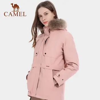 

CAMEL Offical Women Outdoor Mid-length Jacket Women's Fur Collar Plus Velvet Thickening Three-in-one Detachable Two-piece Suit