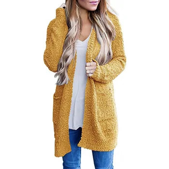 

Womens Hot Sale Autumn Winter Knitwear Solid Color Velvet Double Pocket Cardigan giry Sweater