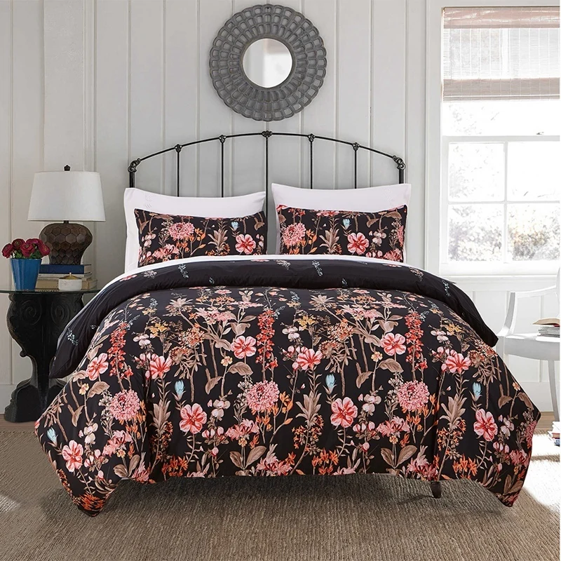 Floral Print On Black Duvet Cover Set Us Queen King Twin Size
