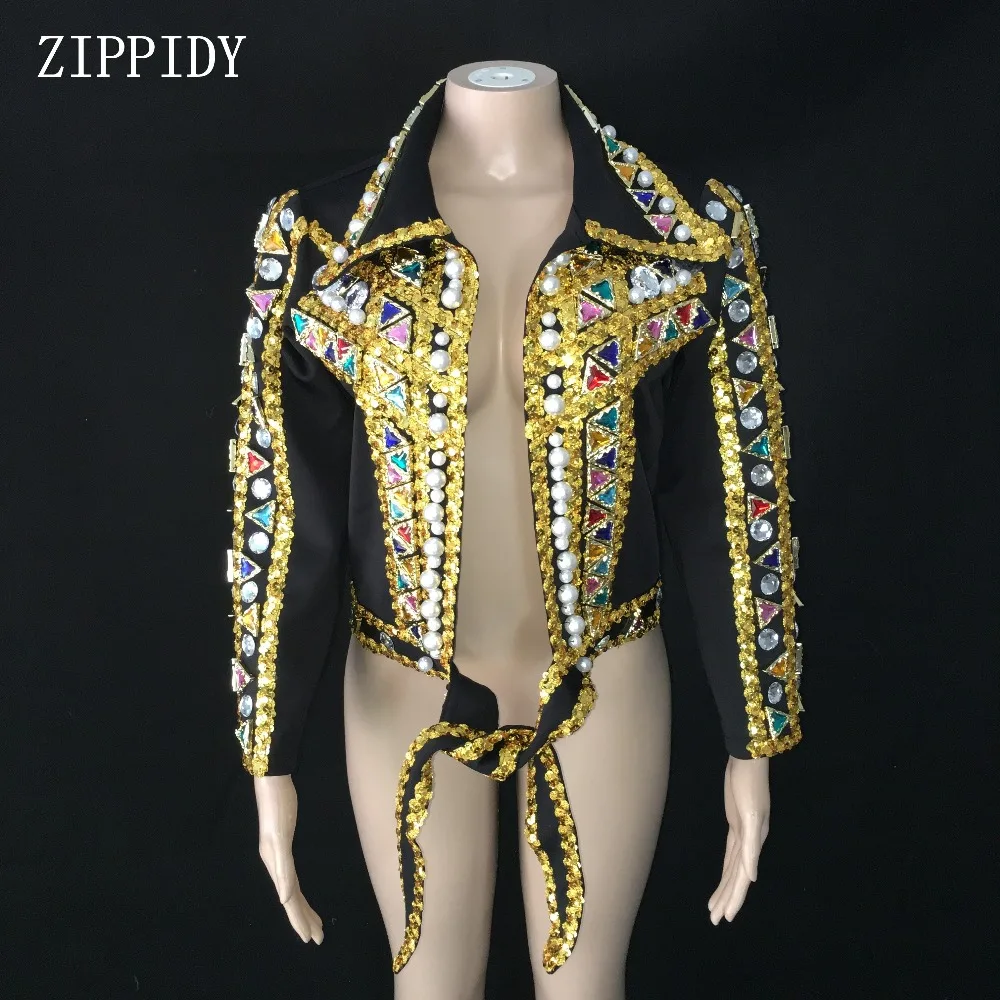 Sexy Design Handmade Gold Sequins Pearls Rhinestones Jacket Female