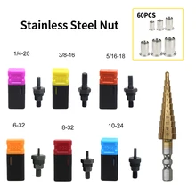 

67PCS Manual Rivet Nut Tool With Hexagonal Shank Step Drill For Manual or Electric Tool Imperial Rivet Head 60pcs Color Zinc Nut