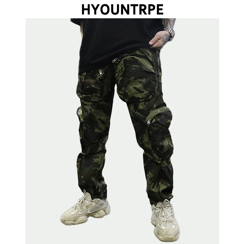 

High Street Camouflage Cargo Pants Mens Casual Patchwork Multiple Pockets Zipper Pants Joggers New Streetwear Hip HopTrousers