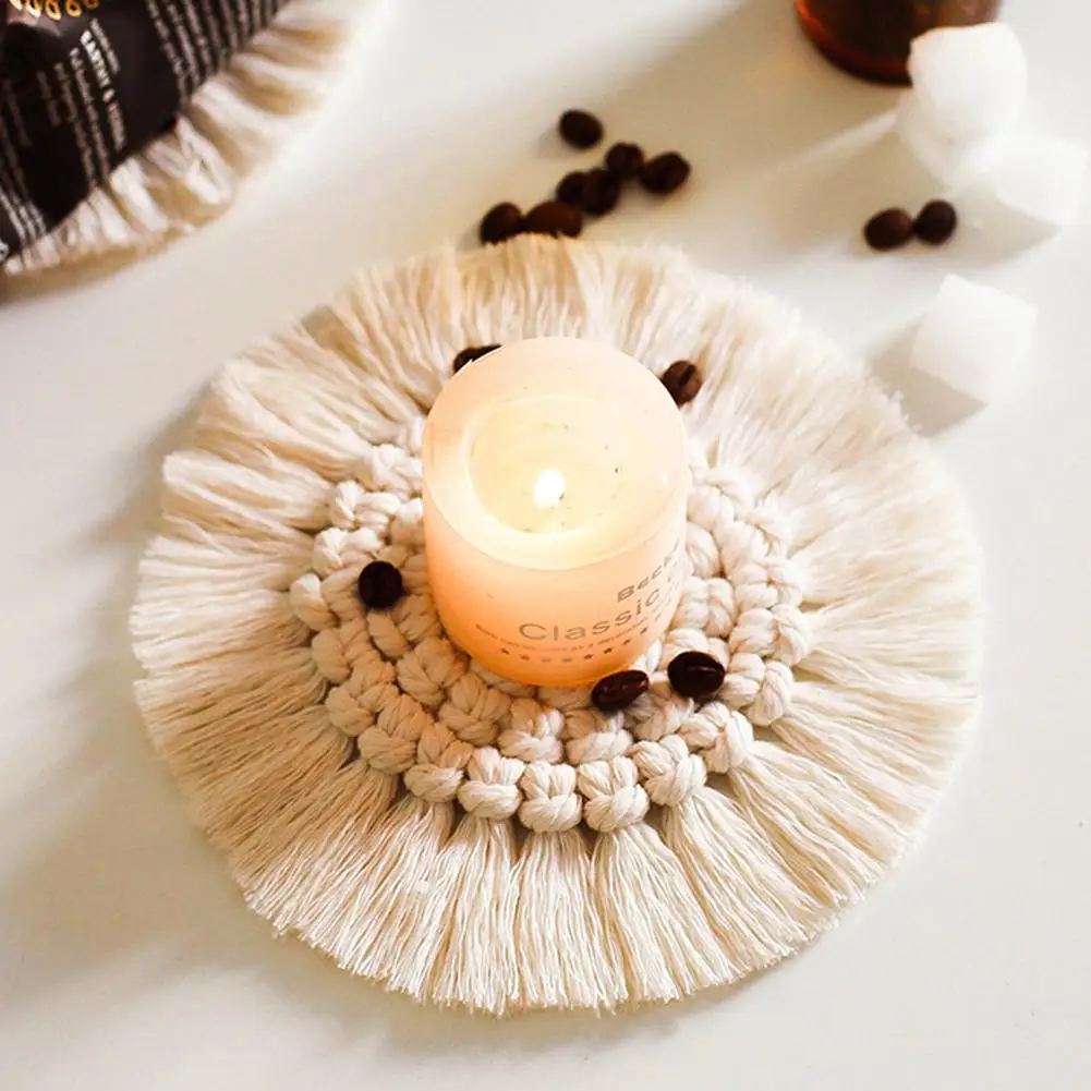 Nordic Macrame Cup Pad Bohemian Tablecloth Table Mat Pure Handmade Cotton Braid Non-slip Insulation Mats for Kitchen Candle | Дом и сад