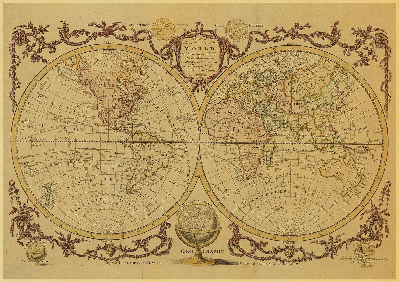 アンティーク ドイツ ローゼル 1641年の世界地図復刻 四元素 版画風印刷紙 アンティーク ドイツ ローゼル 1641年の世界地図復刻 四元素 版画風印刷紙
