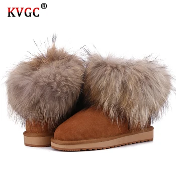 

KVGC The new Fashion Girls Fox fur Ankle Winter cowhide leather Boots for women genuine leather Wool fur lined winter Snow Boots
