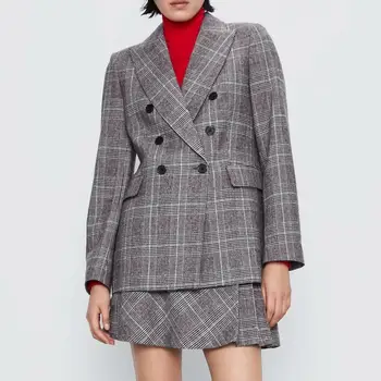 

Chic Women Suits Spring 2020 New Fashion Double Breasted Blazer and Mini Skirt Office Lady Plaid Sets