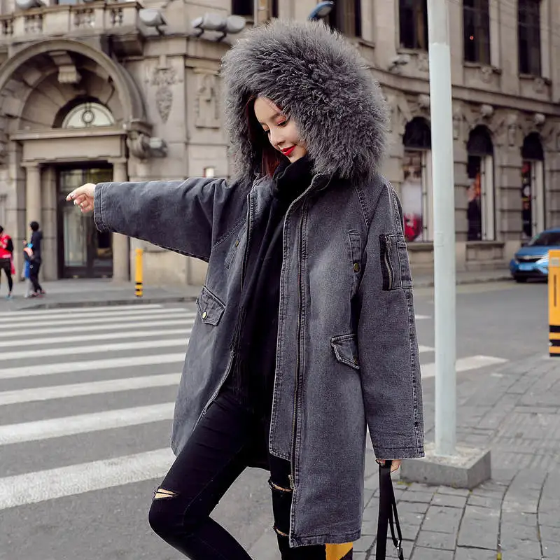 Длинная женская зимняя куртка, утепленная с капюшоном, воротник из искусственного меха, джинсовая куртка, женские пальто с хлопковой подкладкой, джинсовая куртка, женские парки C5997