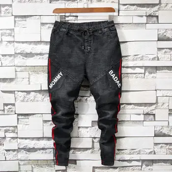 

Fashion Korean Mens Vintage Jeans Cuffed Vintage Elastic Washed Drawstring Denim Trousers Hips Hop Jean Joggers for Men