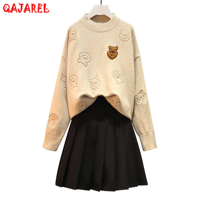 

New Autumn Winter Two Piece Set Tracksuit Women Elegant Cartoon Knitted Sweaters+High Waist Black Pleated Skirt Ladies Outfits