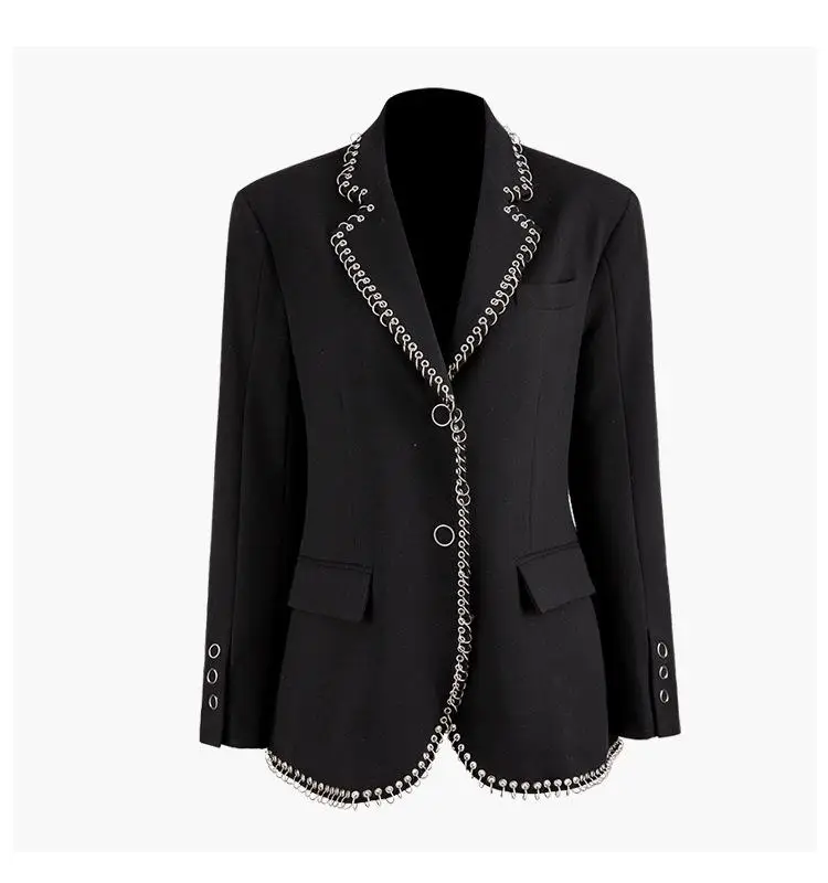 GetSpring Women Blazer Single Breasted Long Sleeve Ladies Black Blazer Coat Metal Ring Irregular Women's Slim Suit Jacket - Цвет: black