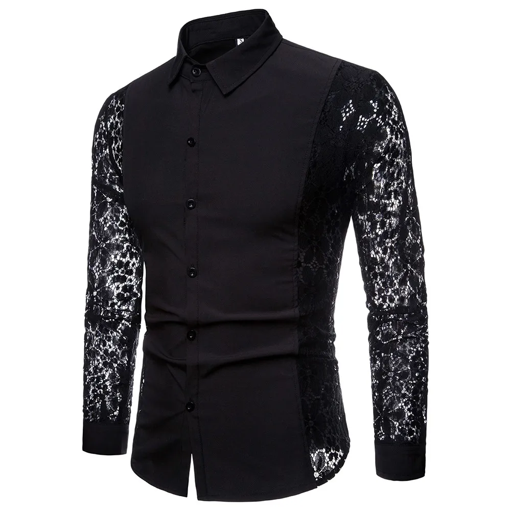 Для мужчин осень Повседневное кружевные рубашки для мальчиков рубашка с длинными рукавами рубашка без рукавов блуза Топ Новая мода Повседневное базовый воротник мужской льняная блузка