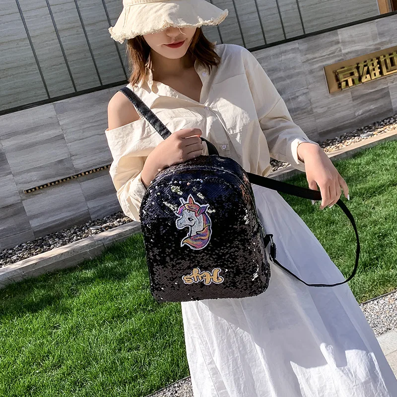

2019 New Style Korean-style Fashion Sequin Hipster Backpack College Style Girl'S Casual Unicorn Backpack