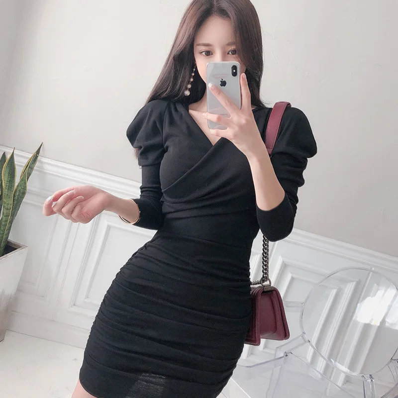 

2019 Autumn And Winter New Style Korean-style Fashion Elegant Slimming V-neck Elasticity Sheath Base Dress 1982