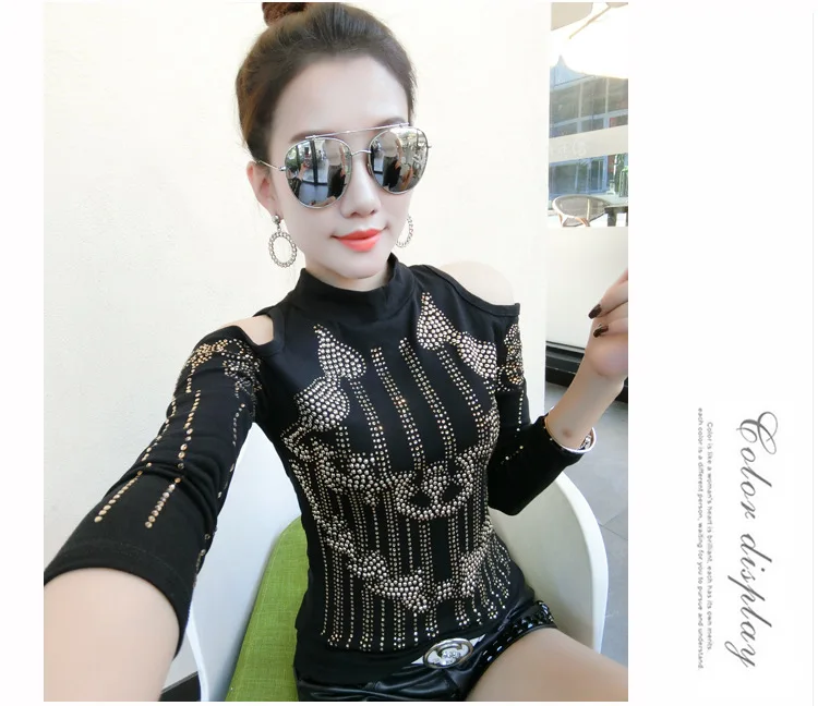 winter round neck long sleeve off the shoulder sexy tops t-shirts for women women's beading rivet top basic t-shirt t shirt red