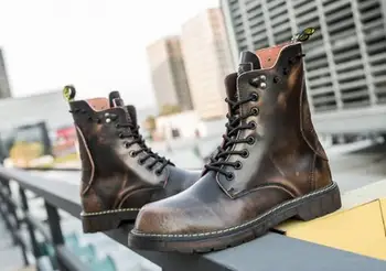 

Genuine Leather lace-up Winter ankle boots Fashion high-top falt dress shoes Round toe Martin boots big size 47