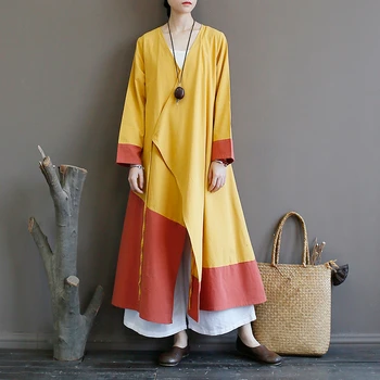 

NINI WONDERLAND Autumn Patchwork Cotton Trench Coat Women V Neck Vintage Outerwear 2020 Female Loose Cardigan Long Coat Big Size