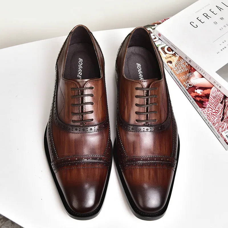 

Vintage Brogue Lace-up Leather Shoes Men's Square Toe Dress Office Flat Shoes Business Casual Shoes